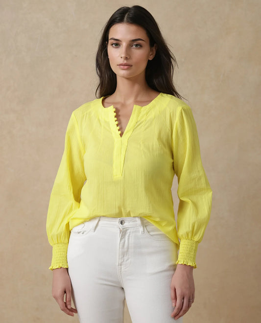 Rareism Women Mante Yellow Bishop Sleeve Round Neck Plain Top