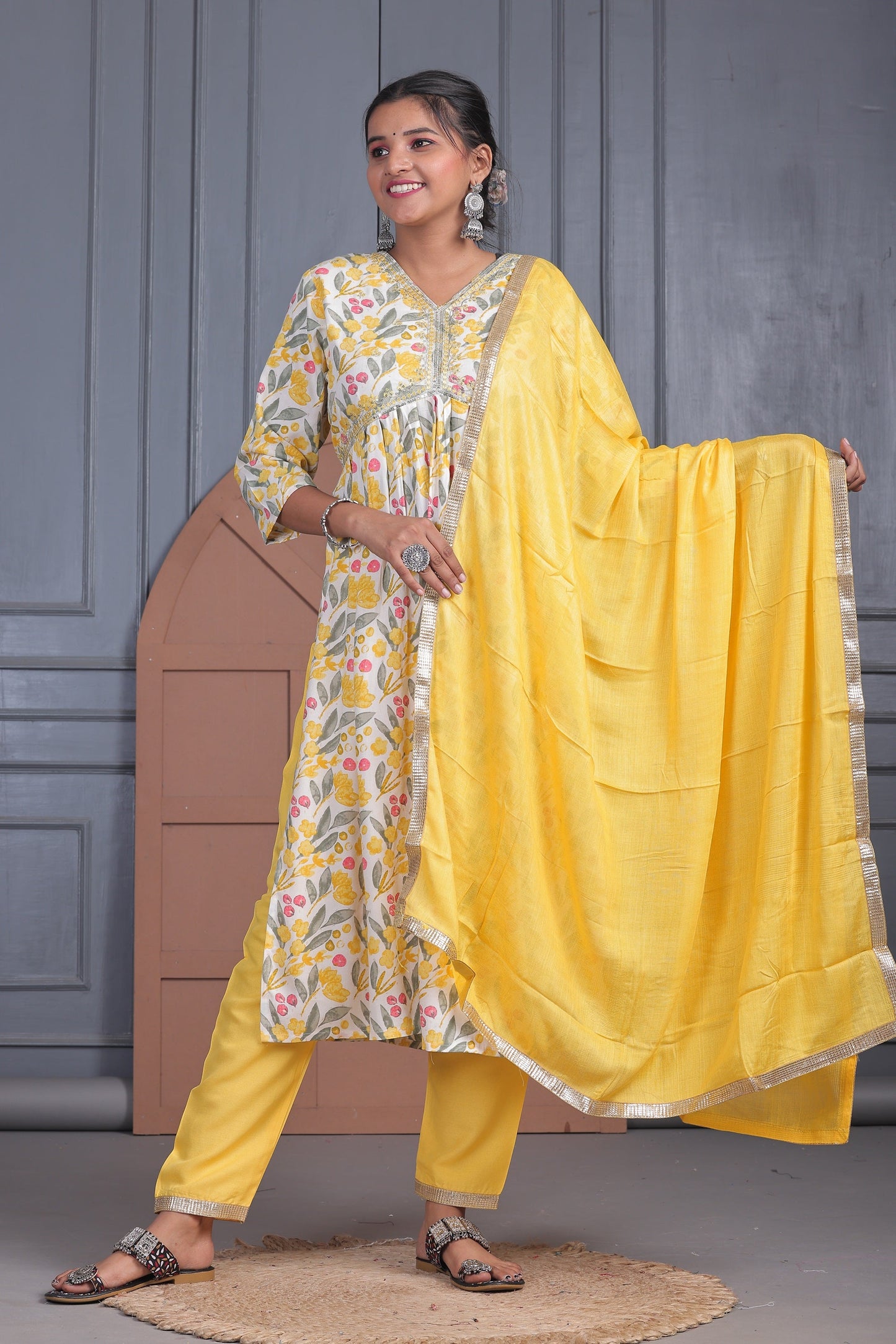 Yellow Printed Rayon Kurta set with Dupatta