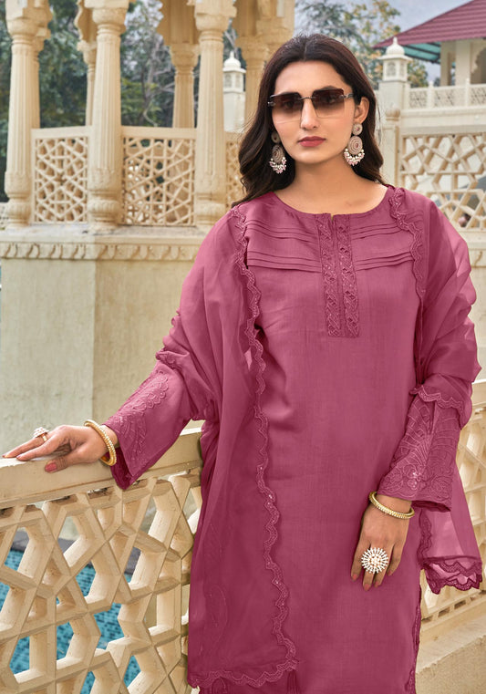 Dark Rose Ragga Roman Silk Slub Khatli Cut work Suit Set with Organza Dupatta