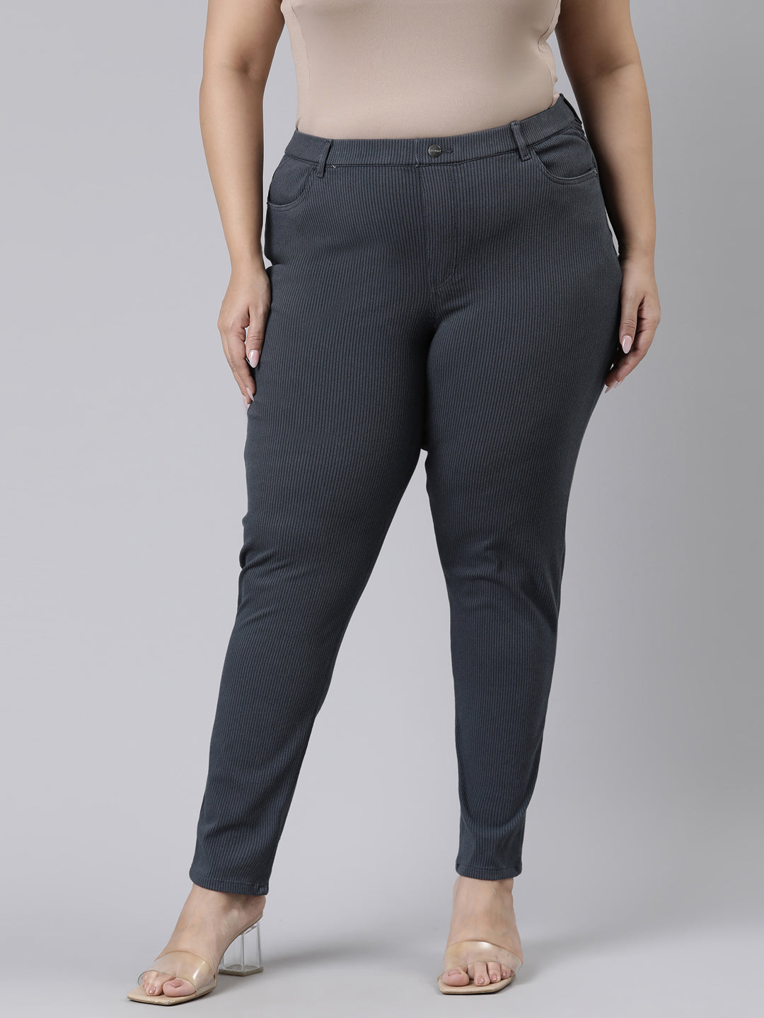 Navy Cotton Poly Stretch Stripes Printed Jeggings