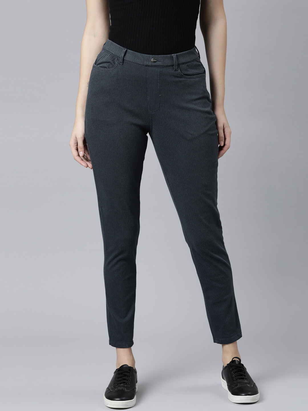 Navy Cotton Poly Stretch Stripes Printed Jeggings