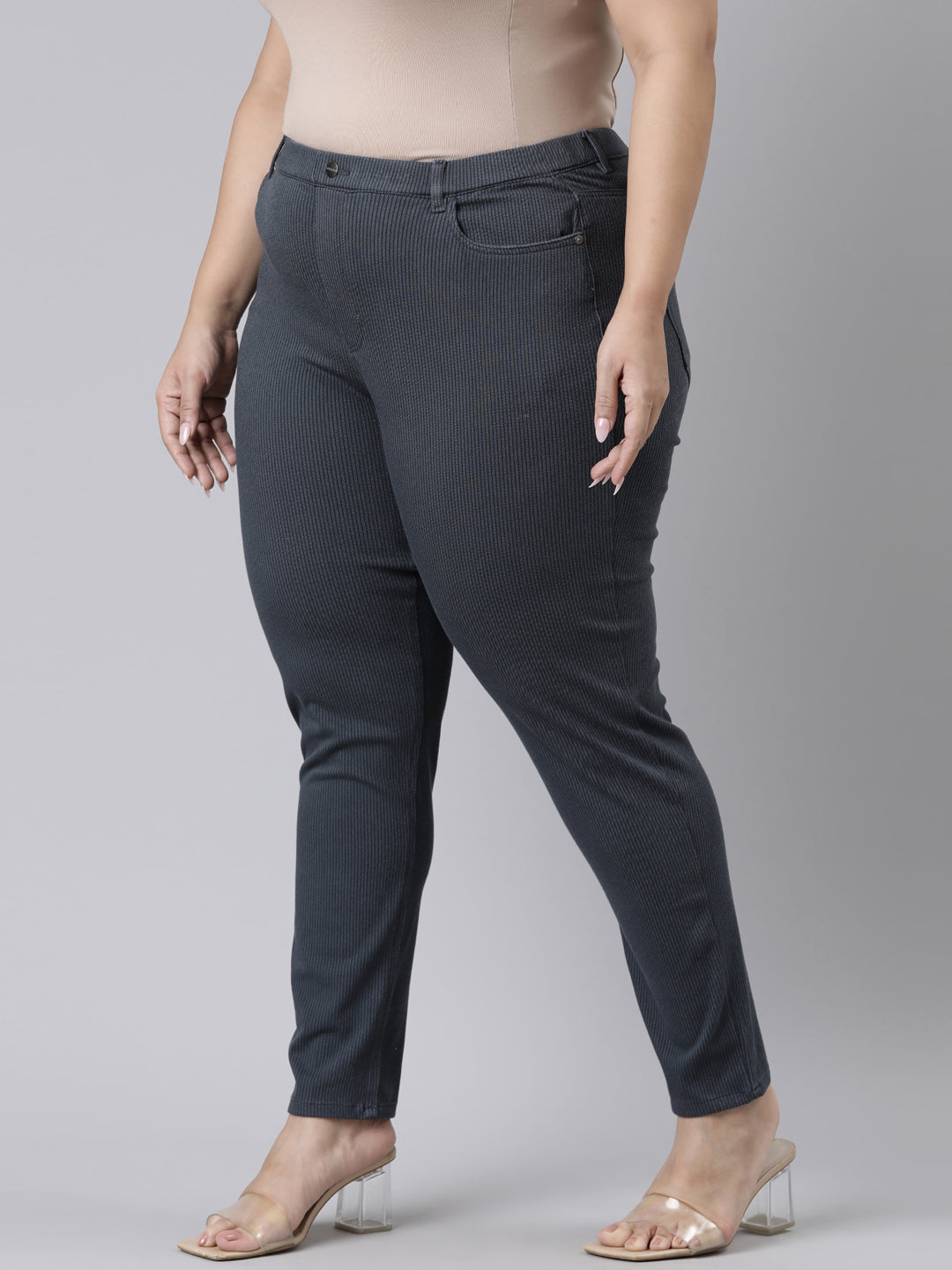 Navy Cotton Poly Stretch Stripes Printed Jeggings