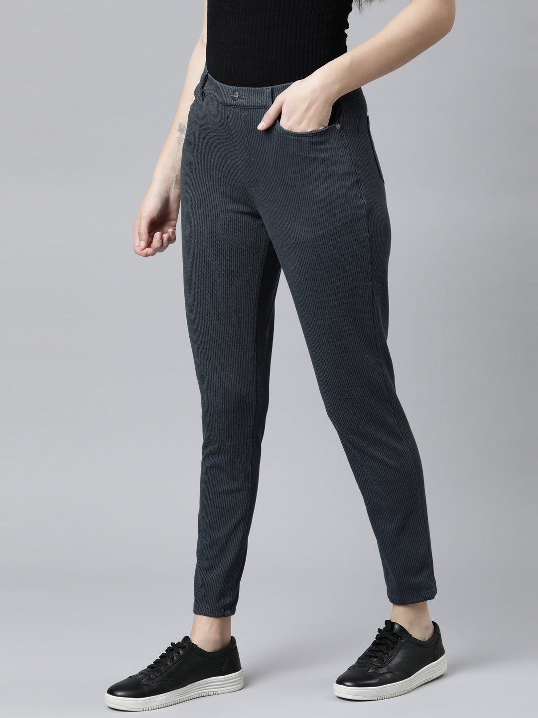 Navy Cotton Poly Stretch Stripes Printed Jeggings