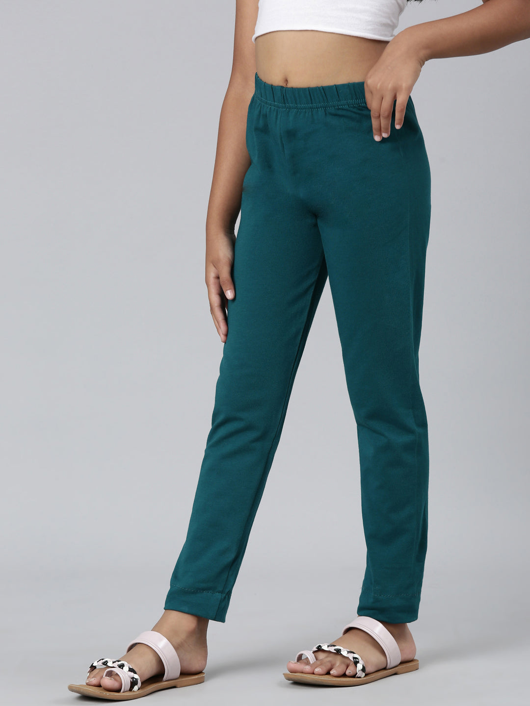 Bright Turquoise Cotton Stretch Ankle Length Leggings