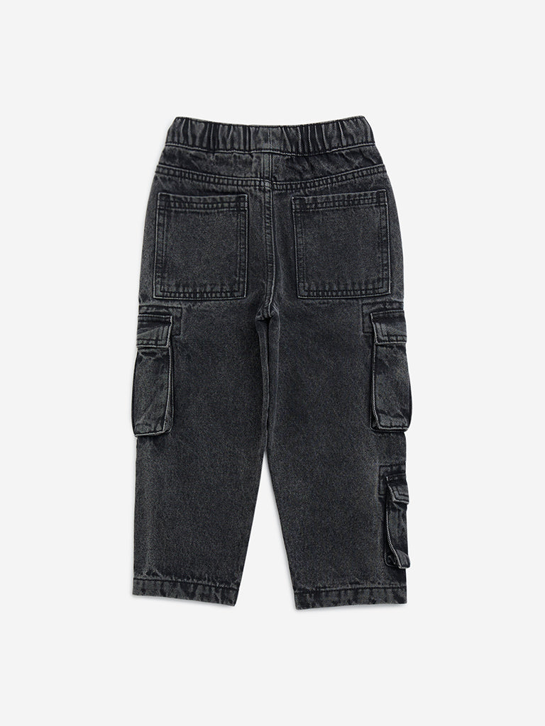HOP Kids Black Cargo-Style Relaxed-Fit Mid-Rise Jeans