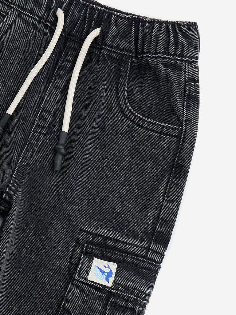 HOP Kids Black Cargo-Style Relaxed-Fit Mid-Rise Jeans