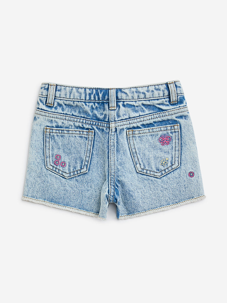 HOP Kids Light Blue Floral Design High-Rise Denim Shorts