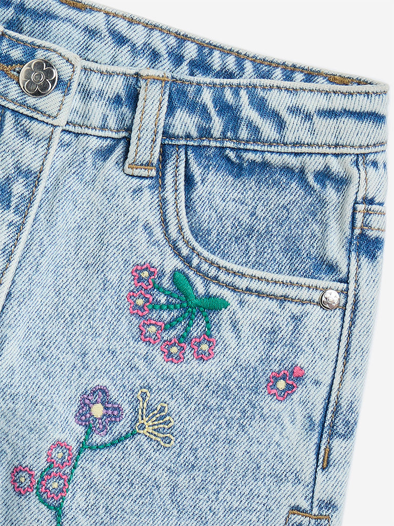 HOP Kids Light Blue Floral Design High-Rise Denim Shorts