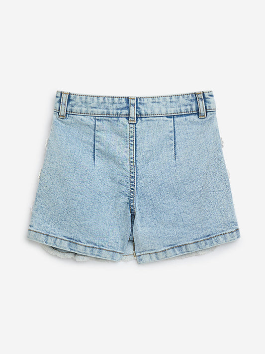 HOP Kids Light Blue Floral Embroidered High-Rise Denim Skort