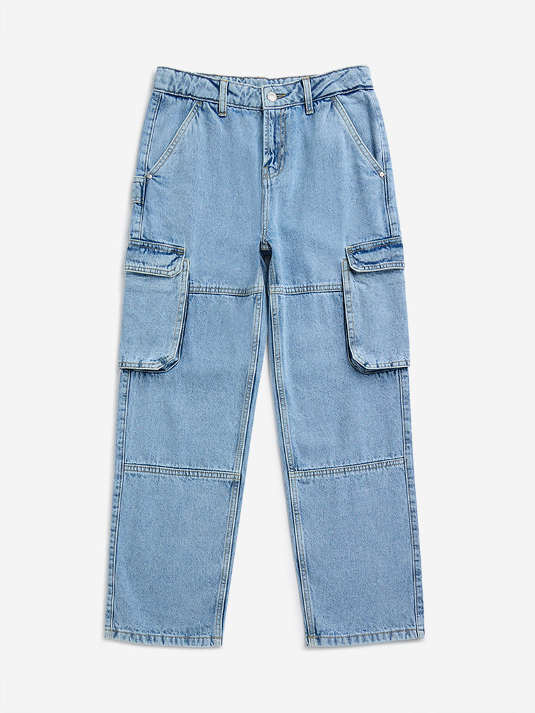 Y&F Kids Blue Cargo-Style Relaxed-Fit High-Rise Jeans
