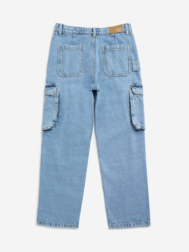 Y&F Kids Blue Cargo-Style Relaxed-Fit High-Rise Jeans