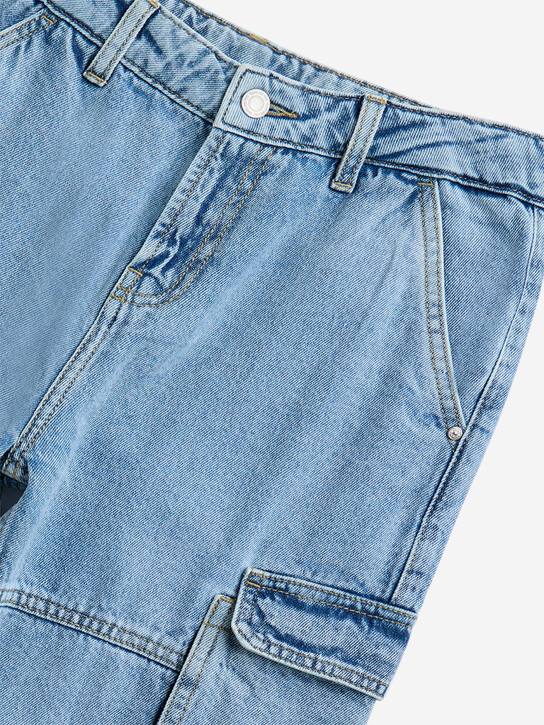 Y&F Kids Blue Cargo-Style Relaxed-Fit High-Rise Jeans