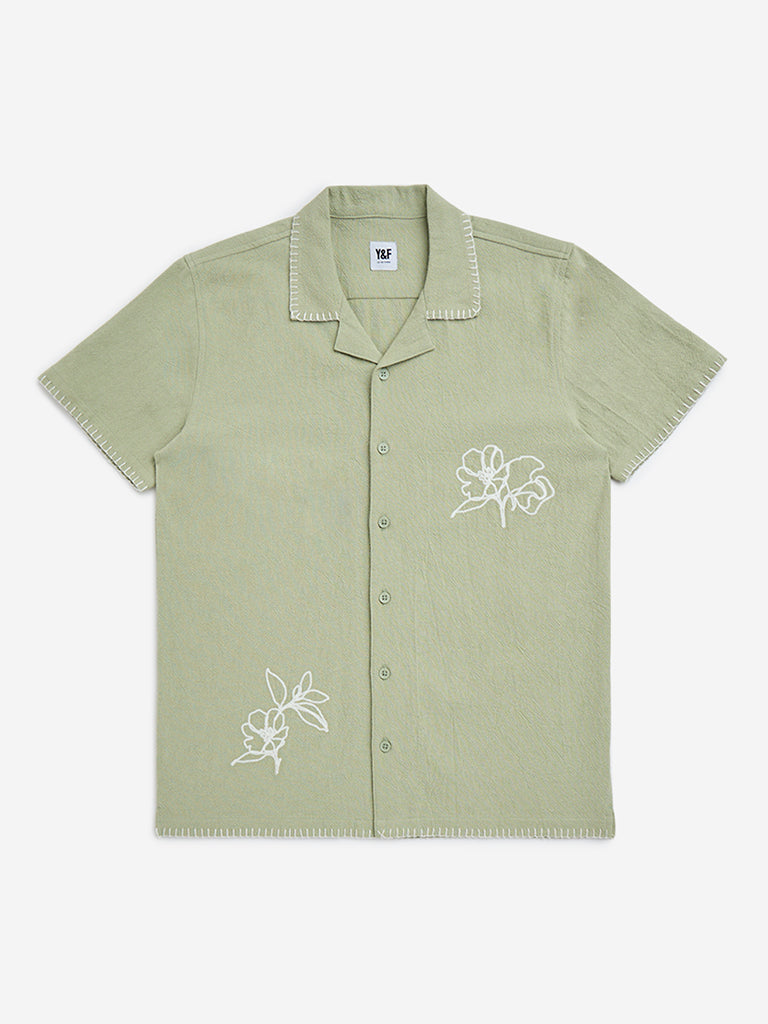 Y&F Kids Sage Floral Embroidered Resort-Fit Cotton Shirt