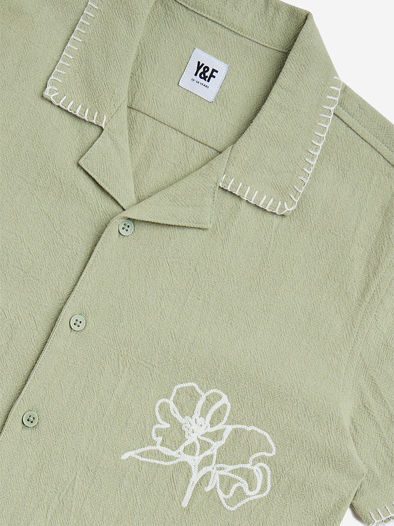 Y&F Kids Sage Floral Embroidered Resort-Fit Cotton Shirt