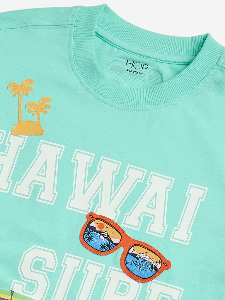HOP Kids Green Printed Cotton T-Shirt