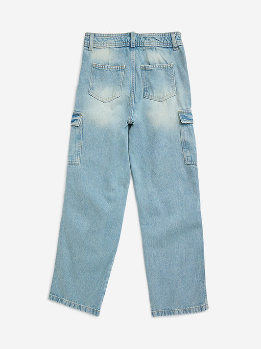 Y&F Kids Light Blue Cargo-Style Straight-Fit Mid-Rise Jeans