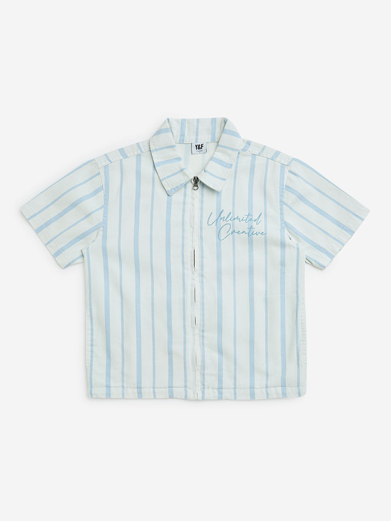 Y&F Kids Blue Stripe Printed Resort-Fit Cotton Shirt