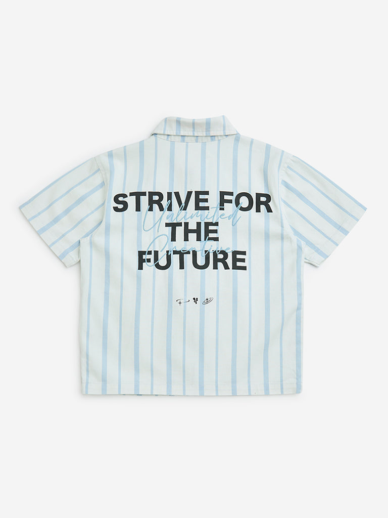 Y&F Kids Blue Stripe Printed Resort-Fit Cotton Shirt