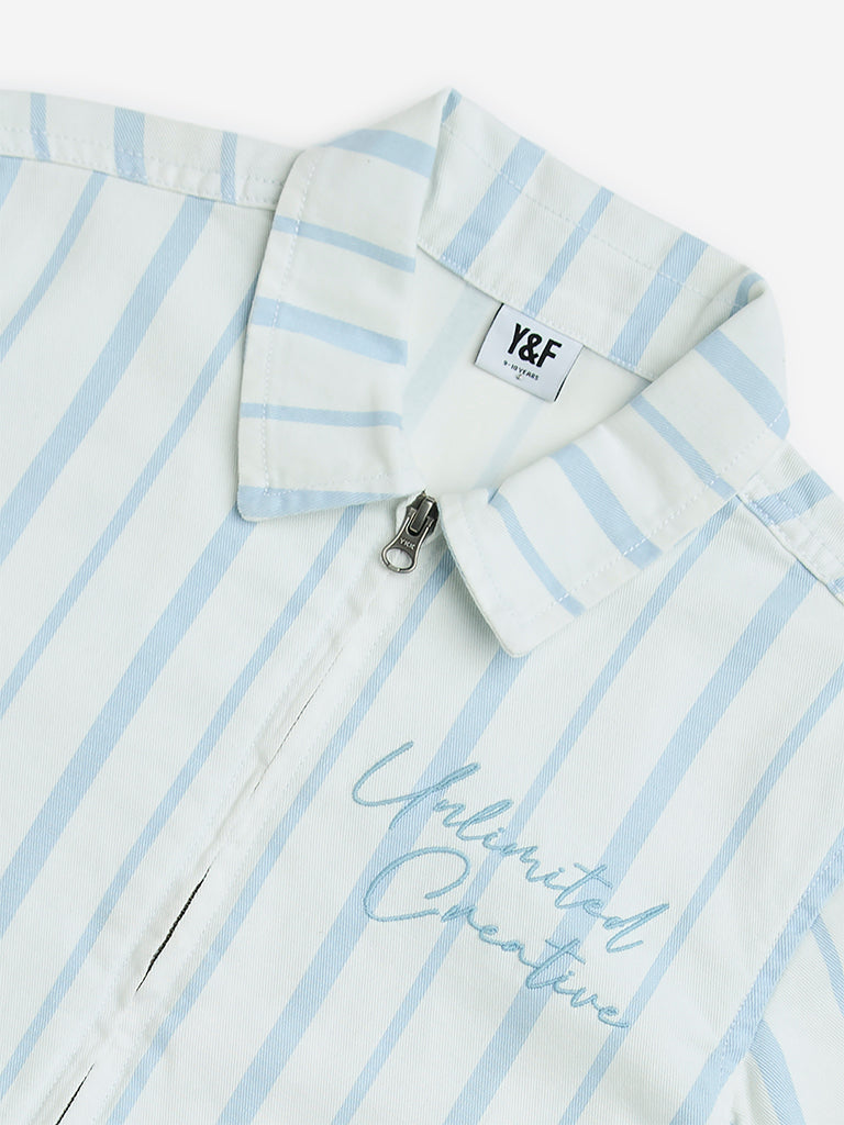 Y&F Kids Blue Stripe Printed Resort-Fit Cotton Shirt