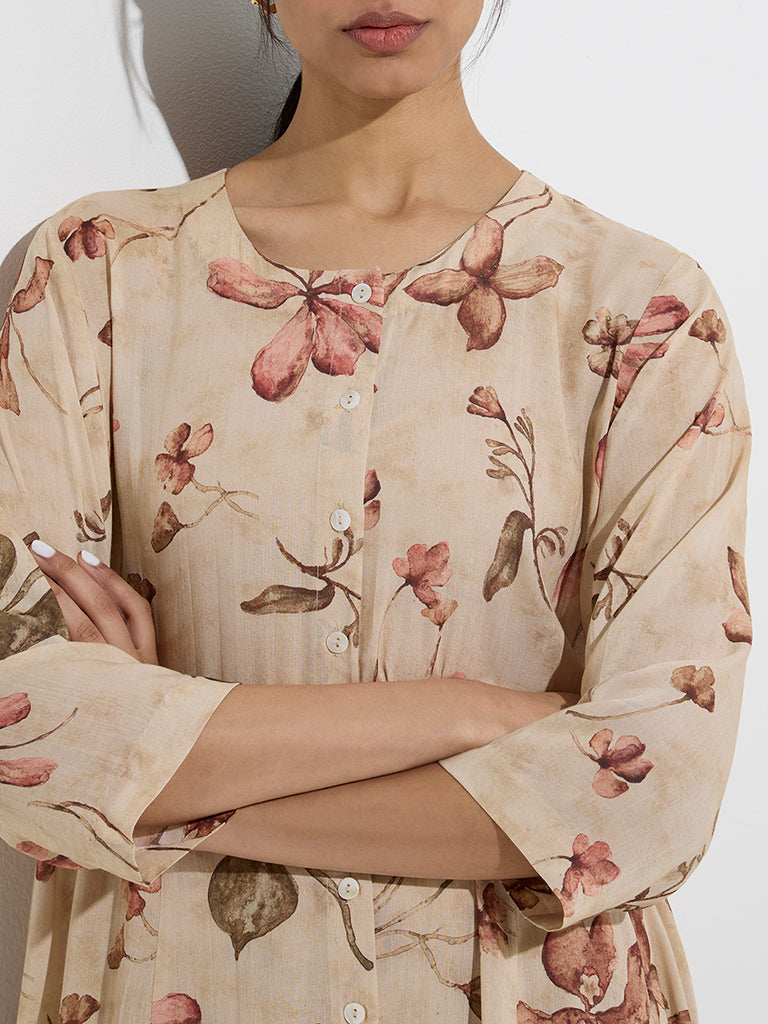 Zuba Beige Botanical Design A-Line Kurta