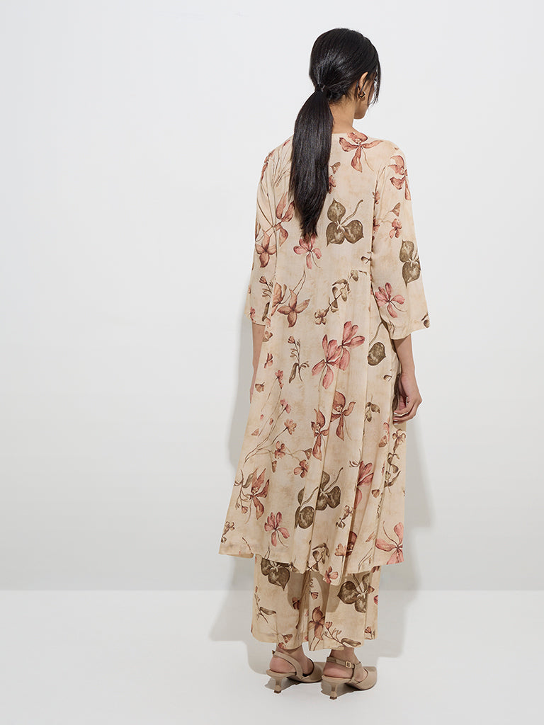 Zuba Beige Botanical Design A-Line Kurta
