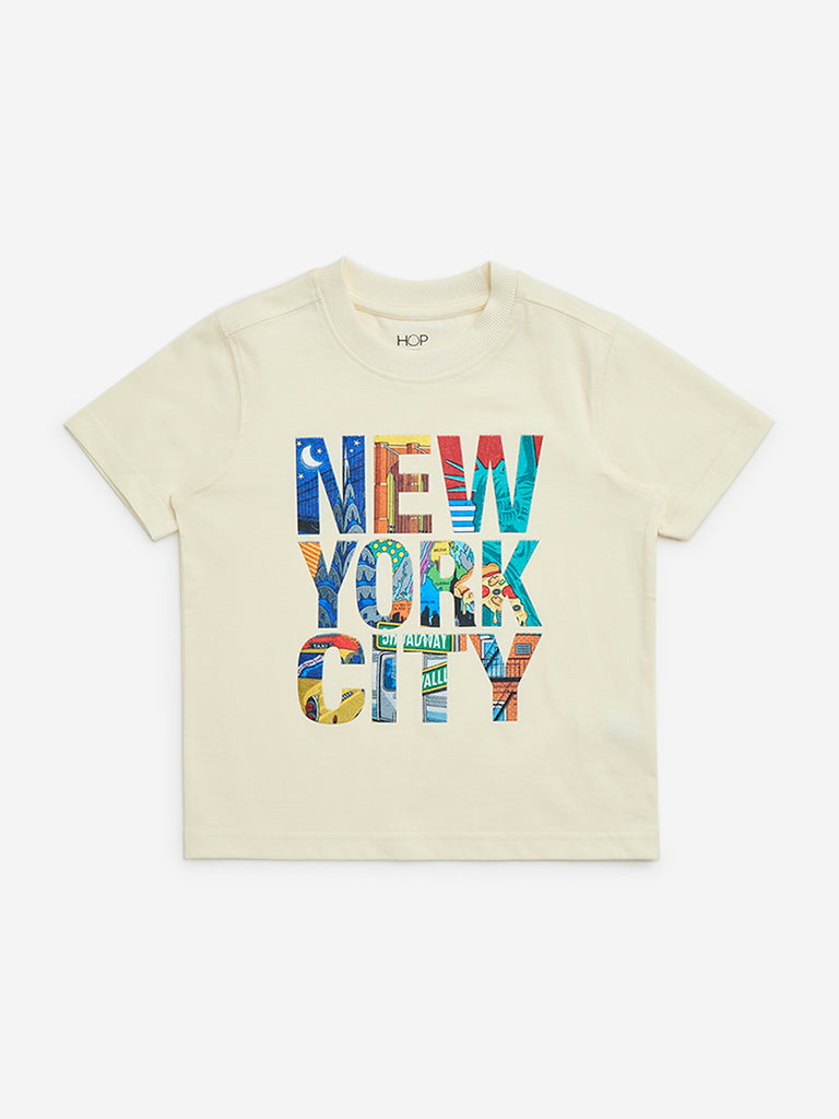 HOP Kids Off-White Text-Printed Cotton T-Shirt