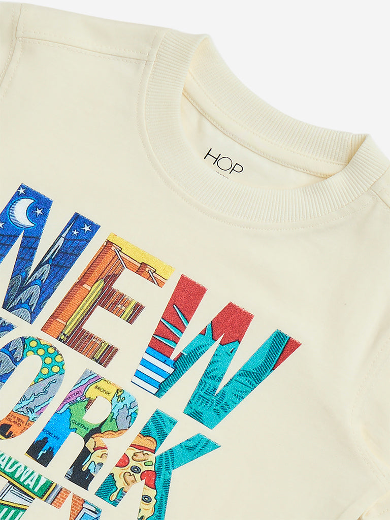 HOP Kids Off-White Text-Printed Cotton T-Shirt