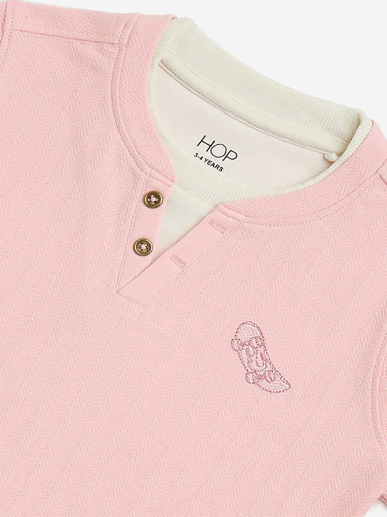 HOP Kids Pink Embroidered Cotton T-Shirt