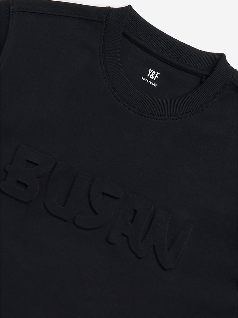 Y&F Kids Black Text Embossed Cotton T-Shirt