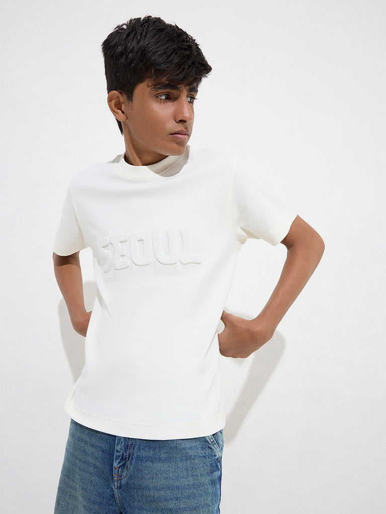 Y&F Kids Off-White Text Embossed Cotton T-Shirt