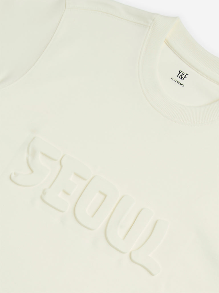 Y&F Kids Off-White Text Embossed Cotton T-Shirt