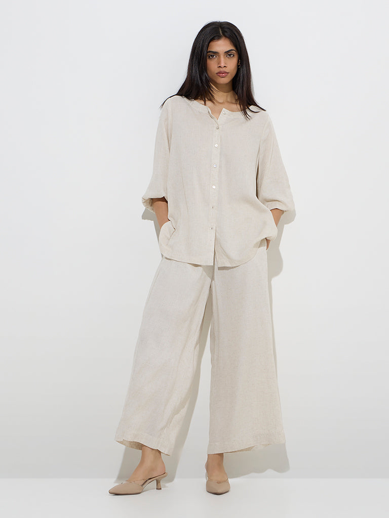 Zuba Beige Silk-Blend Ethnic Palazzos