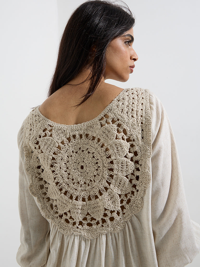 Zuba Beige Crochet-Detailed Linen-Blend Ethnic Shirt
