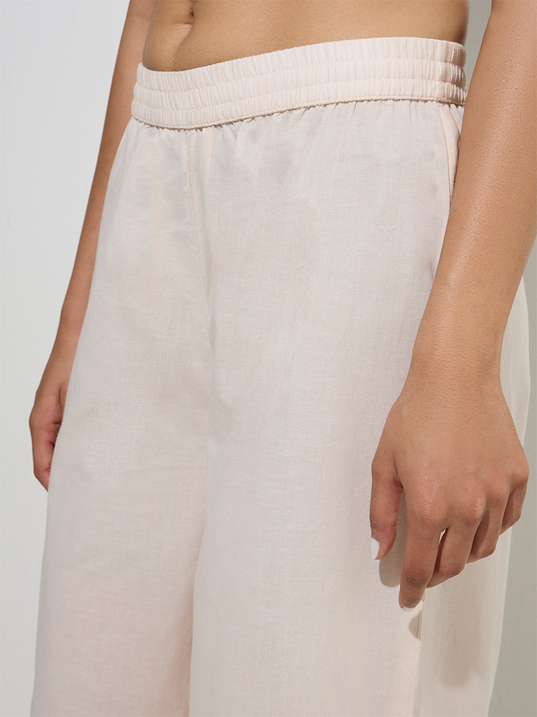 Zuba Beige Schiffli Detailed Cotton Palazzos