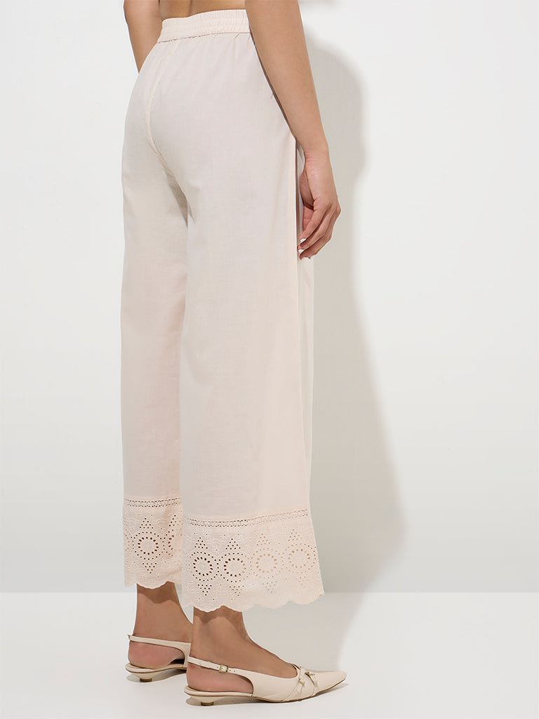 Zuba Beige Schiffli Detailed Cotton Palazzos
