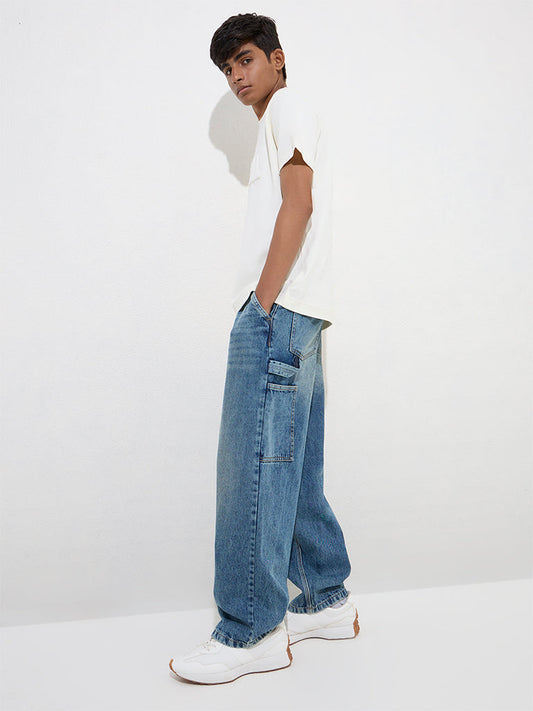 Y&F Kids Blue Straight-Fit High-Rise Jeans