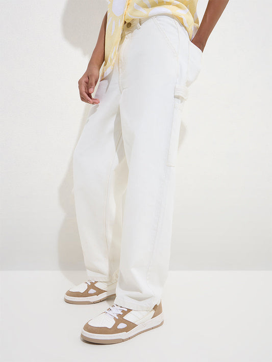 Y&F Kids Off-White Straight-Fit High-Rise Jeans
