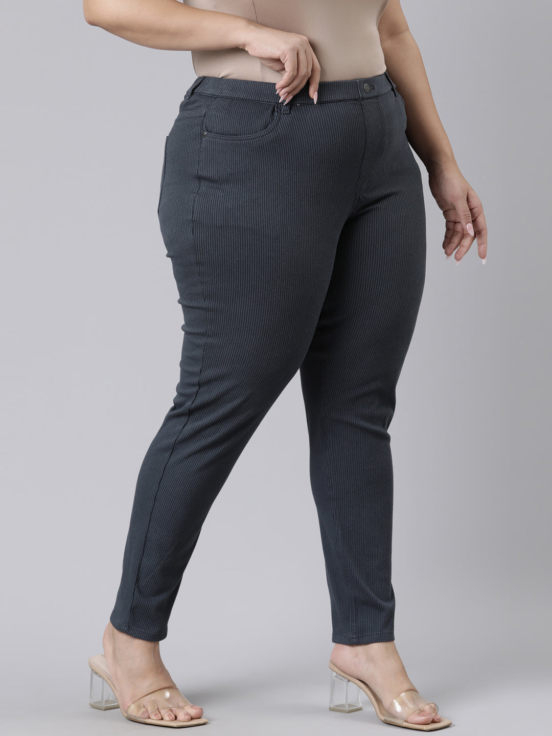Navy Cotton Poly Stretch Stripes Printed Jeggings