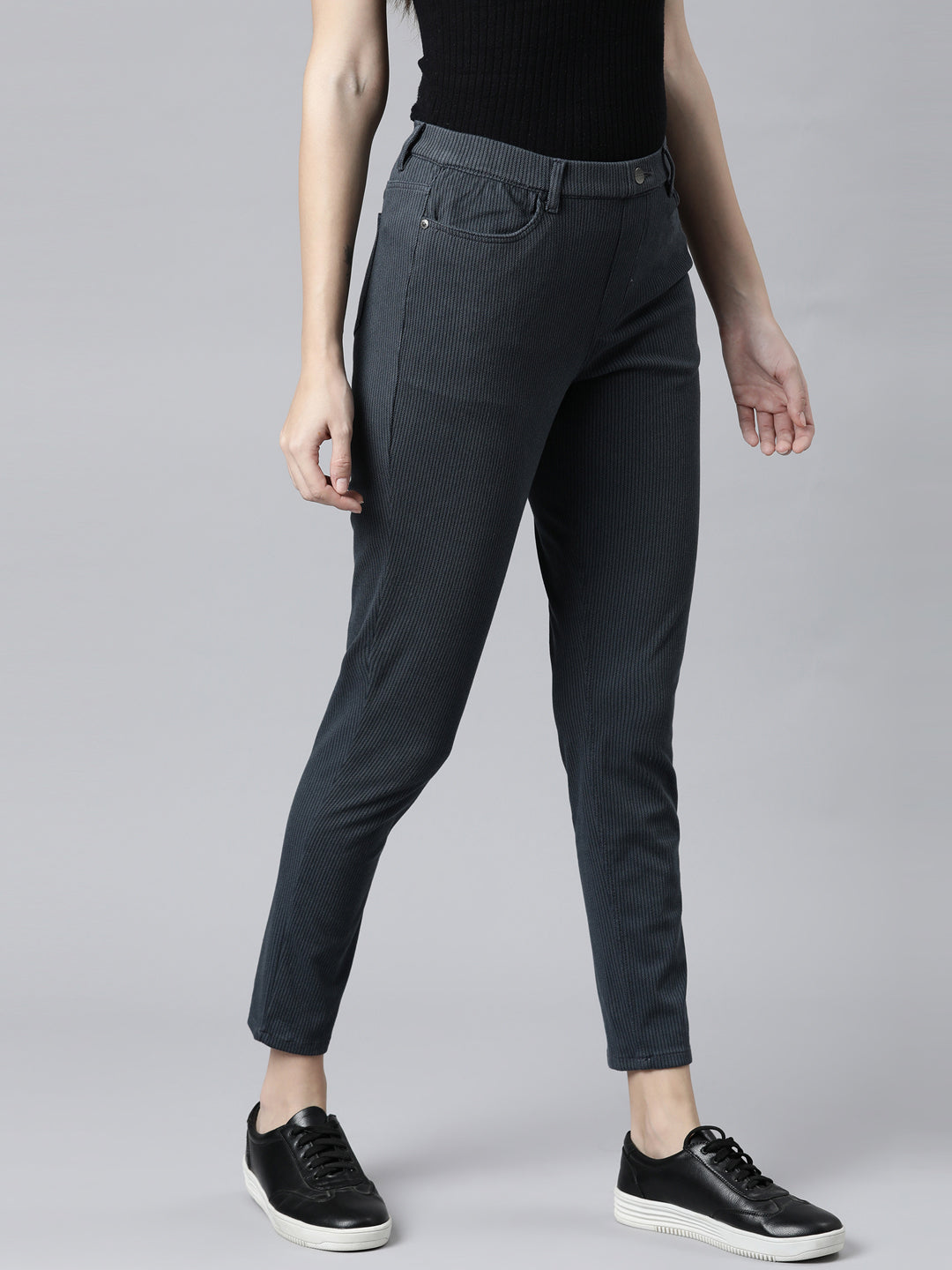 Navy Cotton Poly Stretch Stripes Printed Jeggings