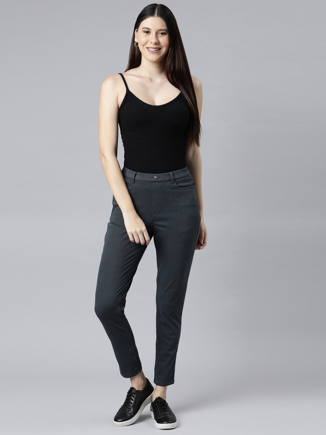 Navy Cotton Poly Stretch Stripes Printed Jeggings
