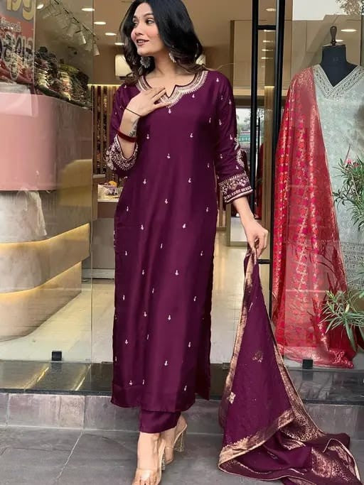 Wine Embroidered Silk Suit Set with Dupatta