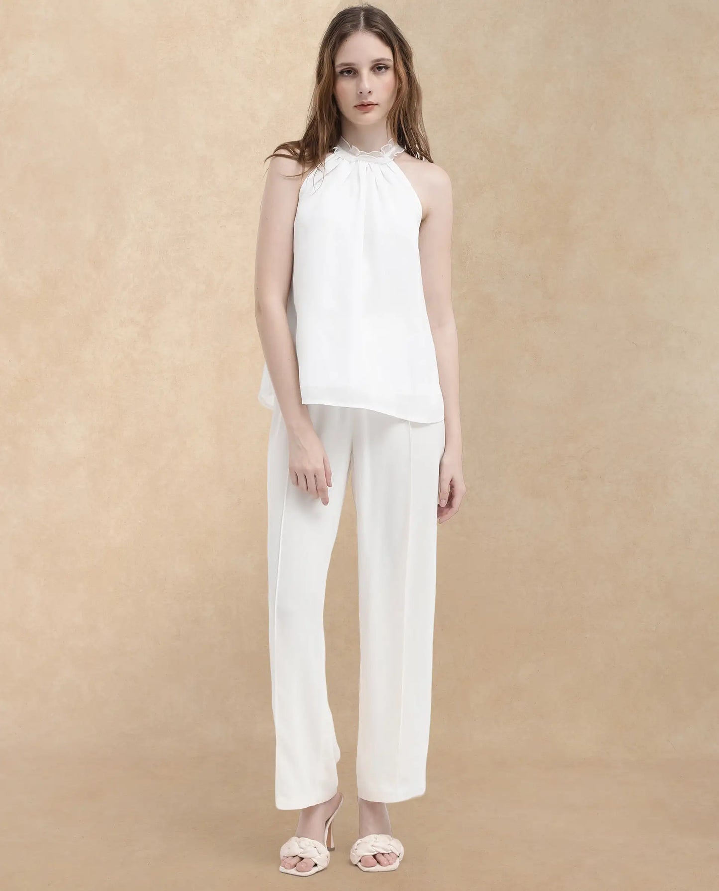 Rareism Women Akane White Polyester Fabric Halter neck Sleeveless Round Neck Solid Top