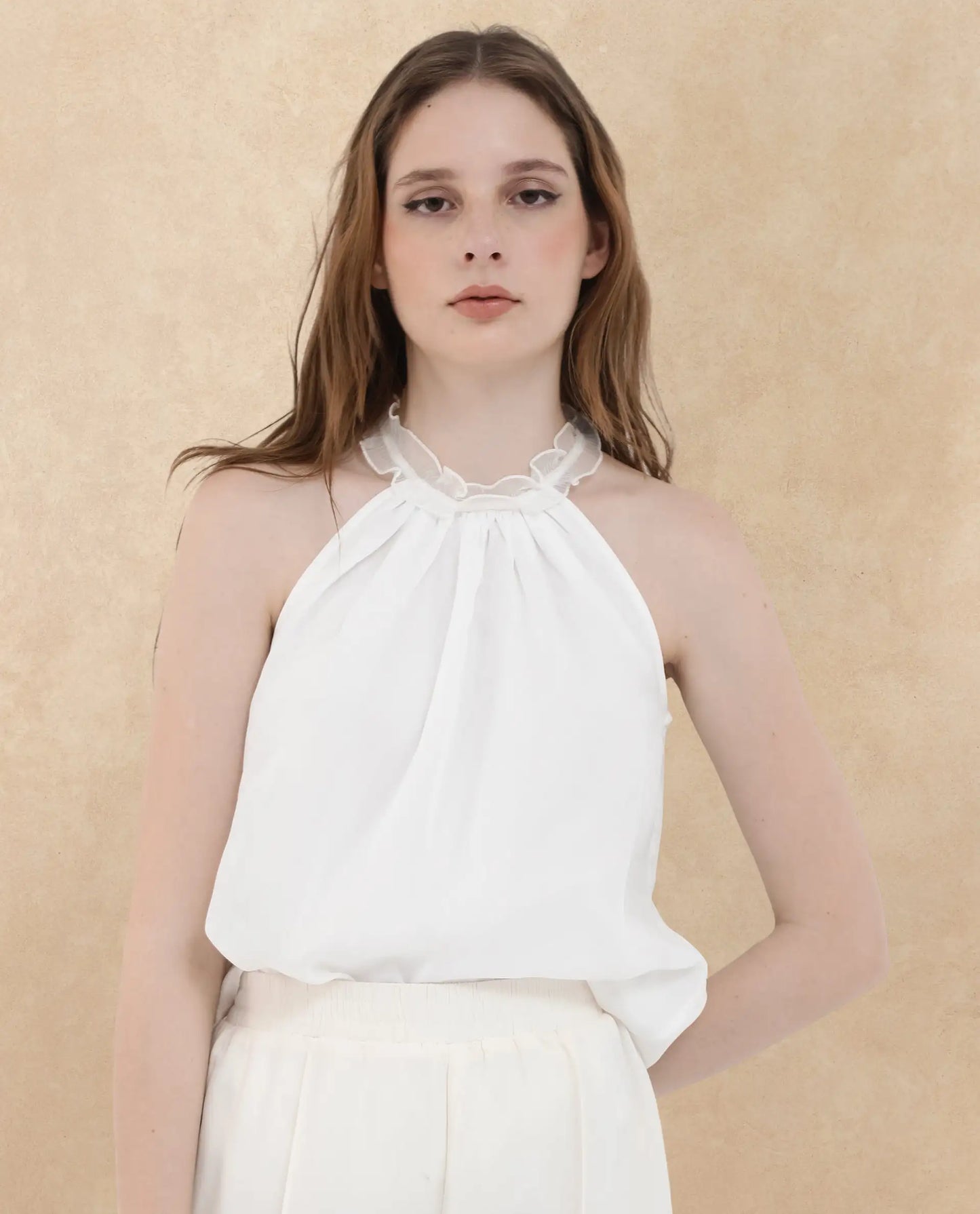 Rareism Women Akane White Polyester Fabric Halter neck Sleeveless Round Neck Solid Top