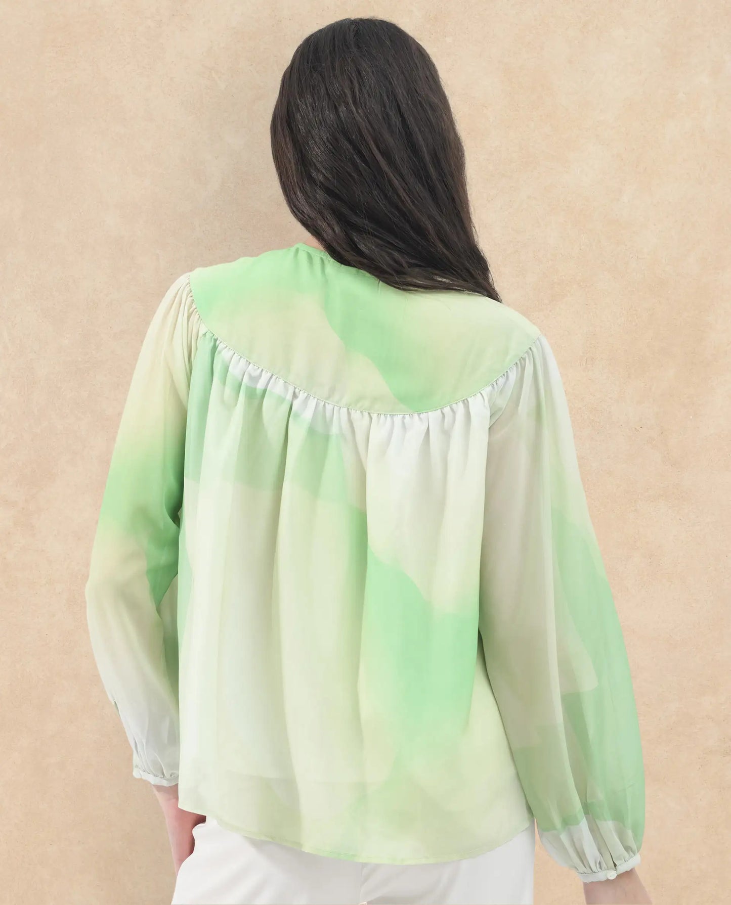 Rareism Women Alic Green Polyester Fabric Full Sleeve Round Neck Top
