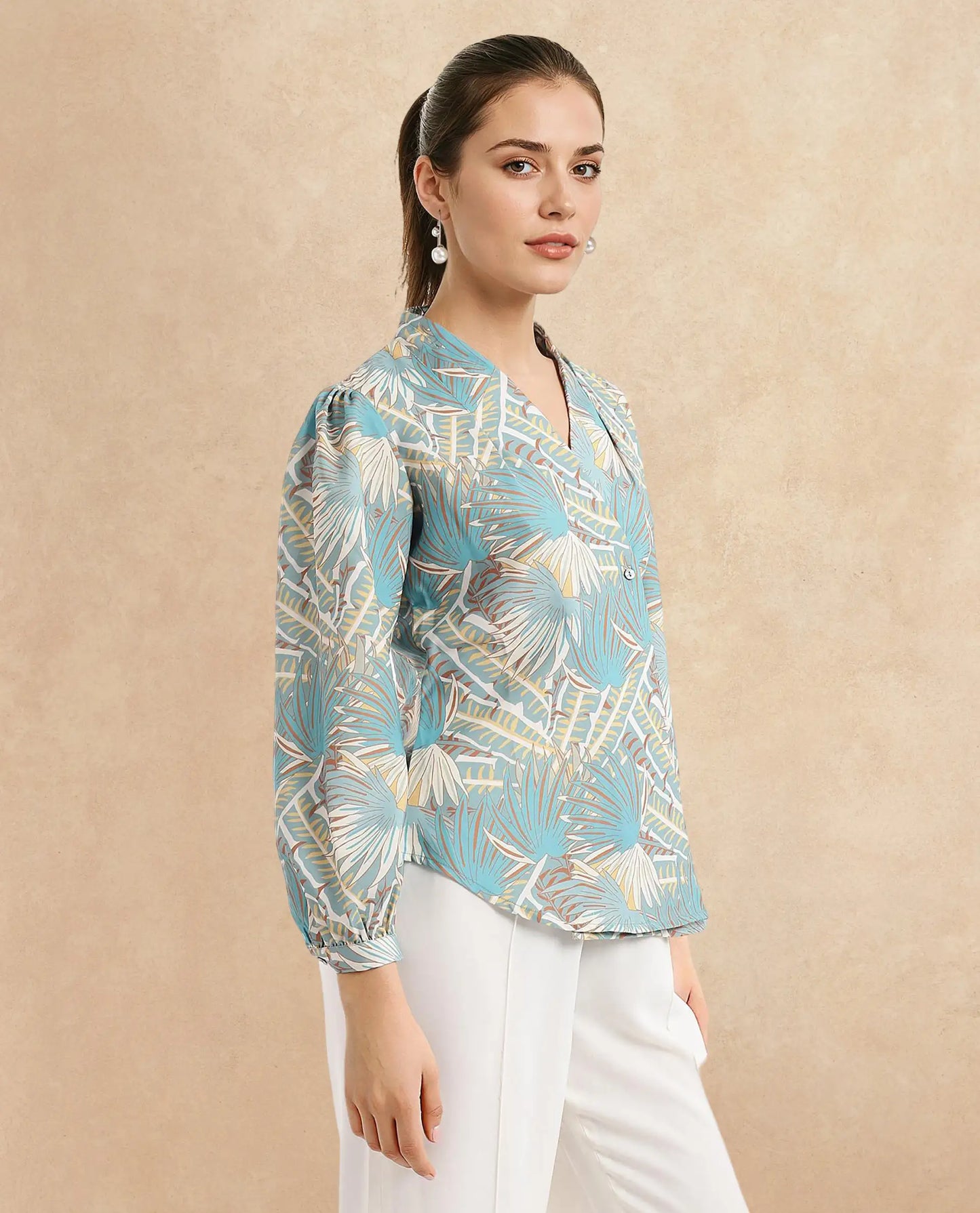 Rareism Women Alici Blue Bishop Sleeve Over Lap Neck Abstract Print Top