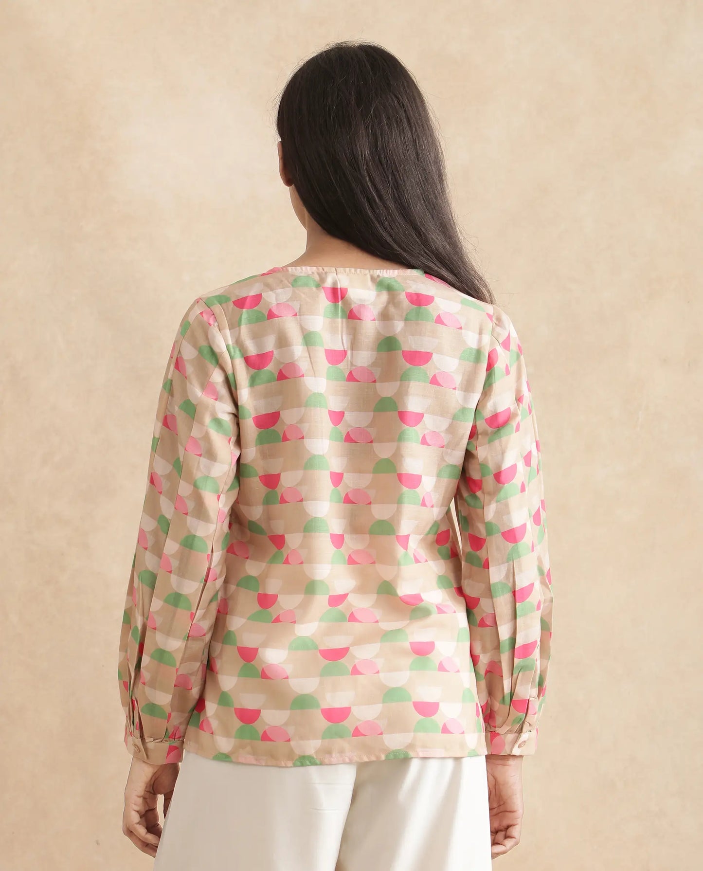 Rareism Women Amaris Multi Linen Fabric Full Sleeve V-Neck Button Closure Geometric Print Regular Fit Top