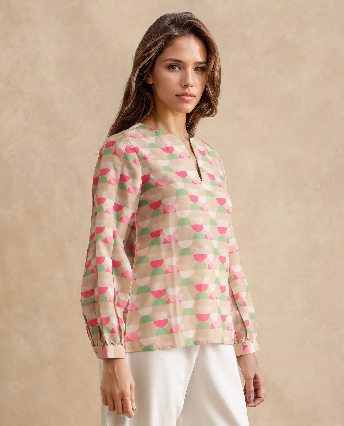 Rareism Women Amaris Multi Linen Fabric Full Sleeve V-Neck Button Closure Geometric Print Regular Fit Top