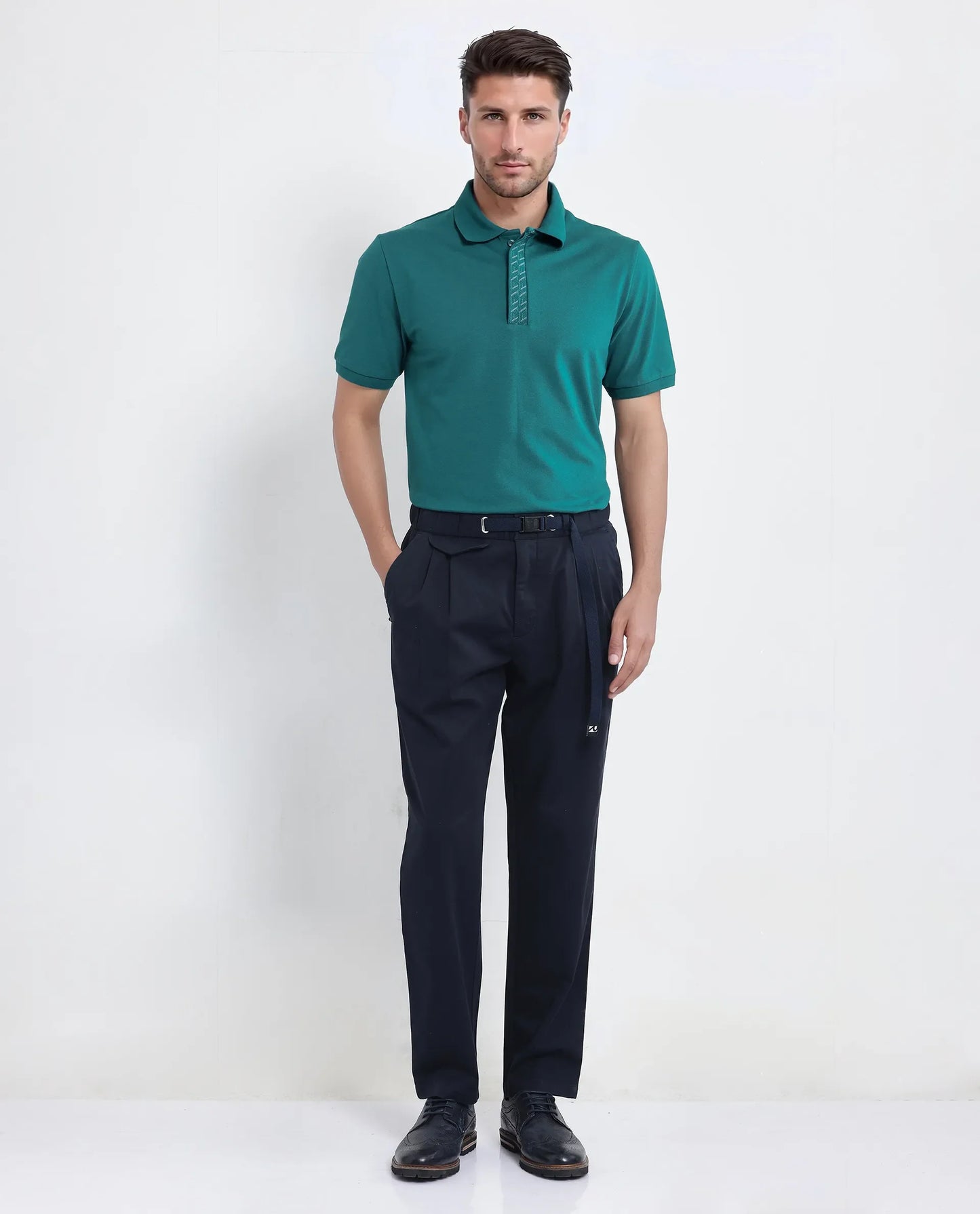 Rare Rabbit Men Arko Green Cotton Blend Fabric Short Sleeve Regular Collared with Jacquard Placket Button Closure Plain Polo T-Shirt