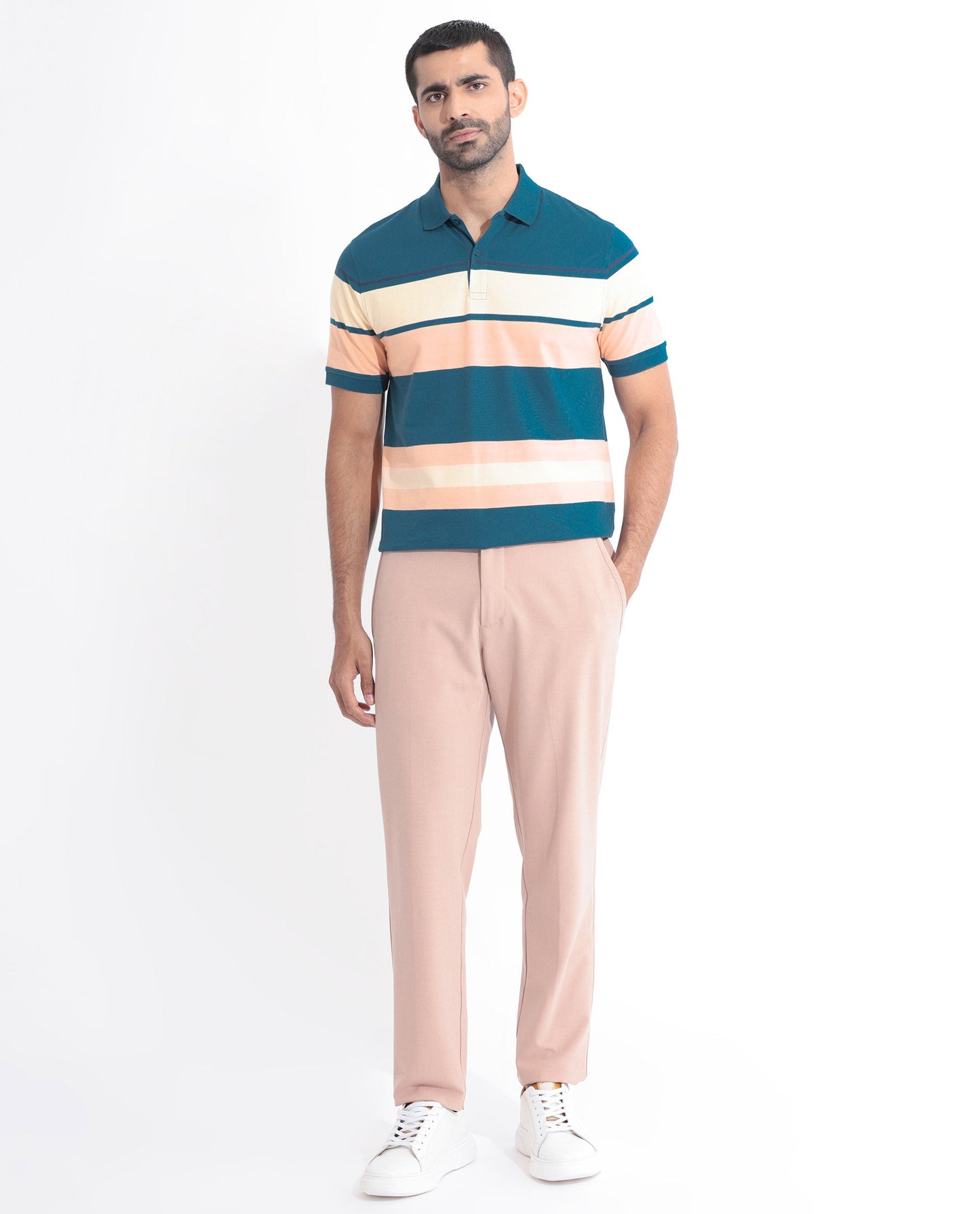 Rare Rabbit Men's Albans Dark Navy Cotton Fabric Collared Neck Half Sleeves Striped Polo