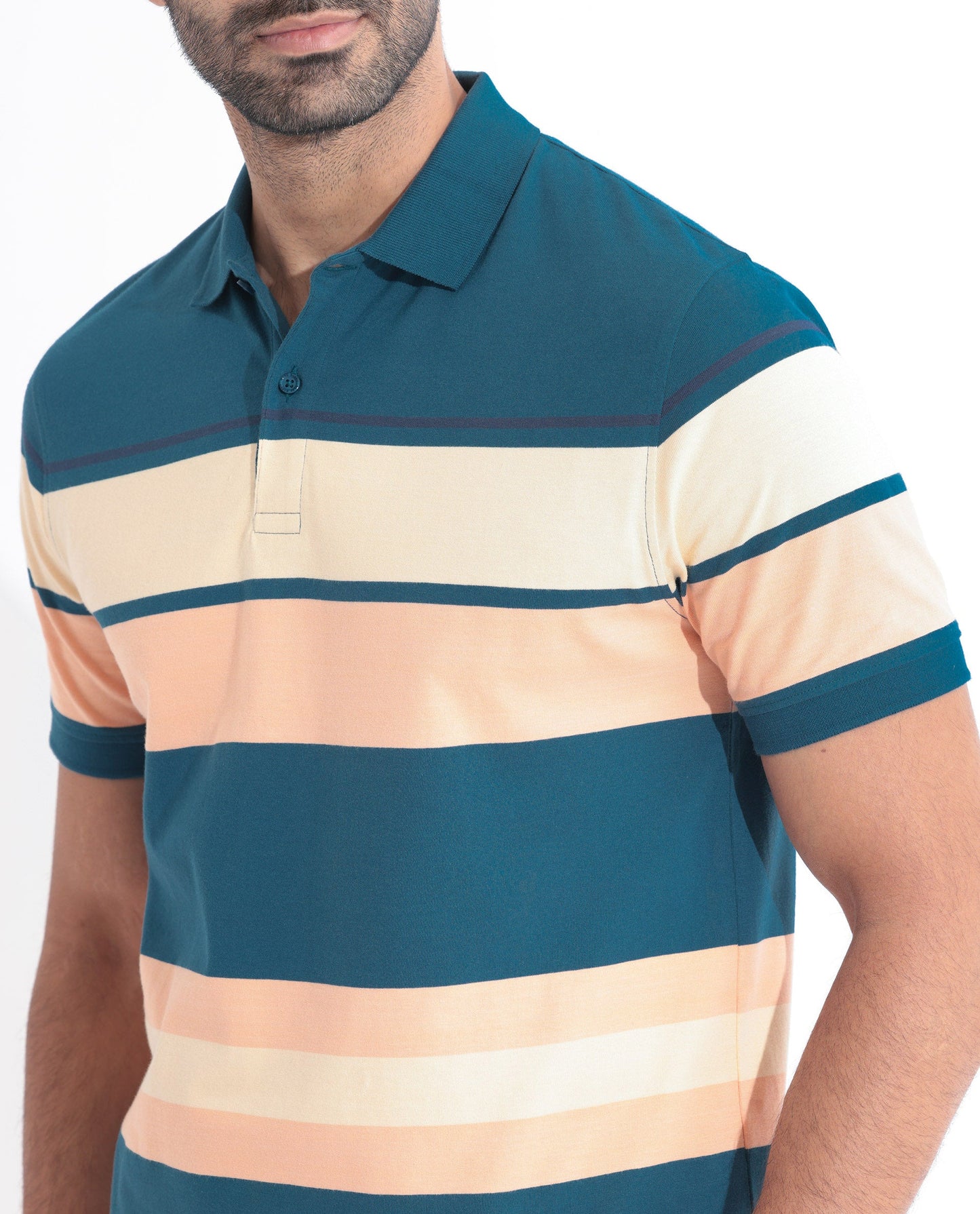 Rare Rabbit Men's Albans Dark Navy Cotton Fabric Collared Neck Half Sleeves Striped Polo